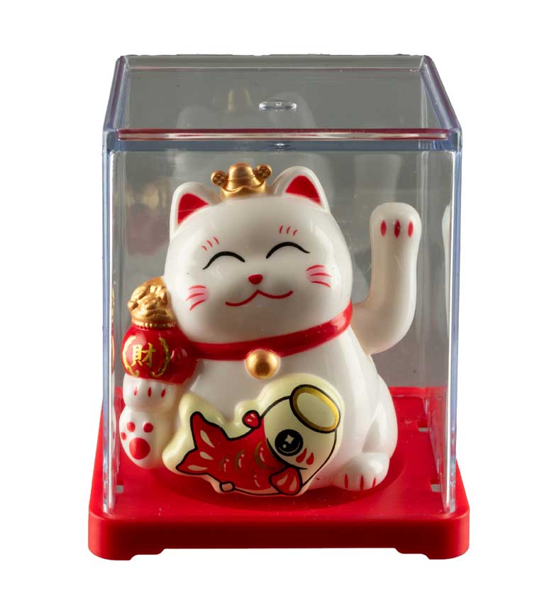 Chat Japonais Maneki Neko Blanc avec Poisson – Figurine Solaire Animée