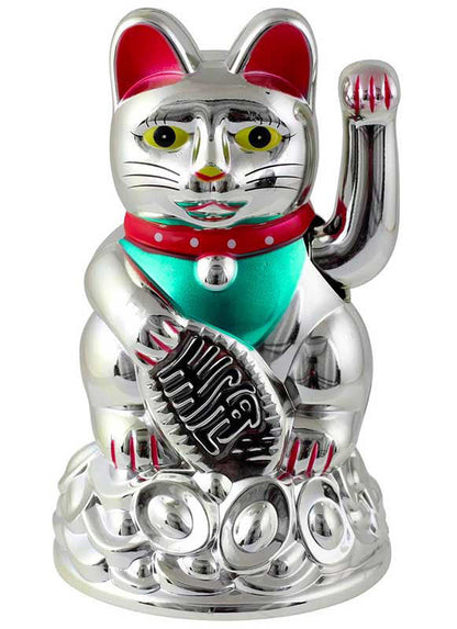 Chat Chanceux Maneki Neko Chrome – Figurine Animée à Pile 16 cm
