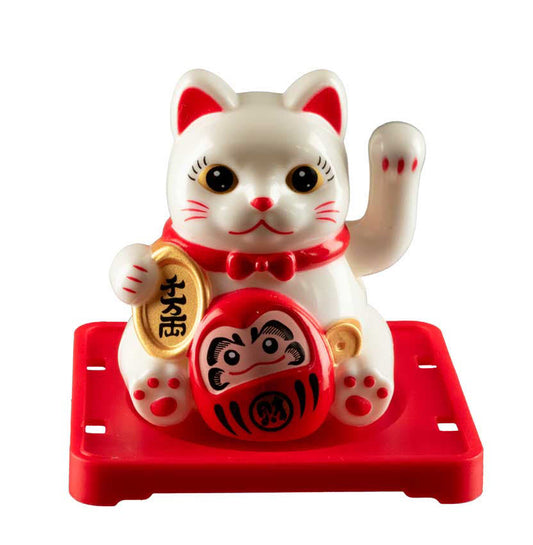 Chat Japonais Maneki Neko Blanc avec Daruma  – Figurine Solaire Animée