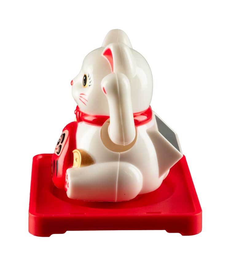 Chat Japonais Maneki Neko Blanc avec Daruma  – Figurine Solaire Animée