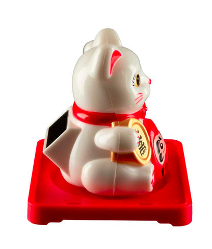 Chat Japonais Maneki Neko Blanc avec Daruma  – Figurine Solaire Animée