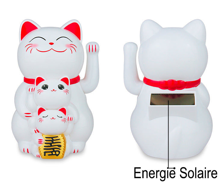 Chat Japonais Maneki Neko Blanc et ses Chatons – Figurine Solaire Animée