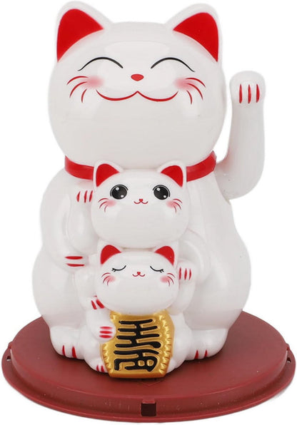 Chat Japonais Maneki Neko Blanc et ses Chatons – Figurine Solaire Animée