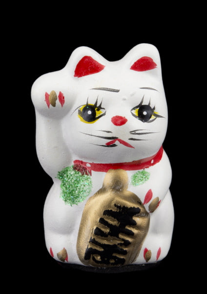 Figurine Chat Japonais Bobtail Maneki-Neko Blanc en Céramique Peinte 7,4 cm