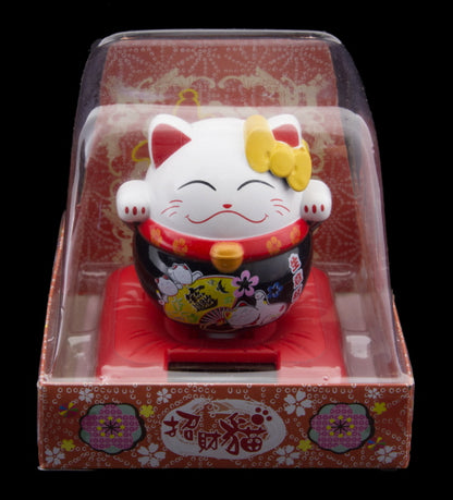 Chat Japonais Maneki Neko Blanc et Noir – Figurine Solaire Animée