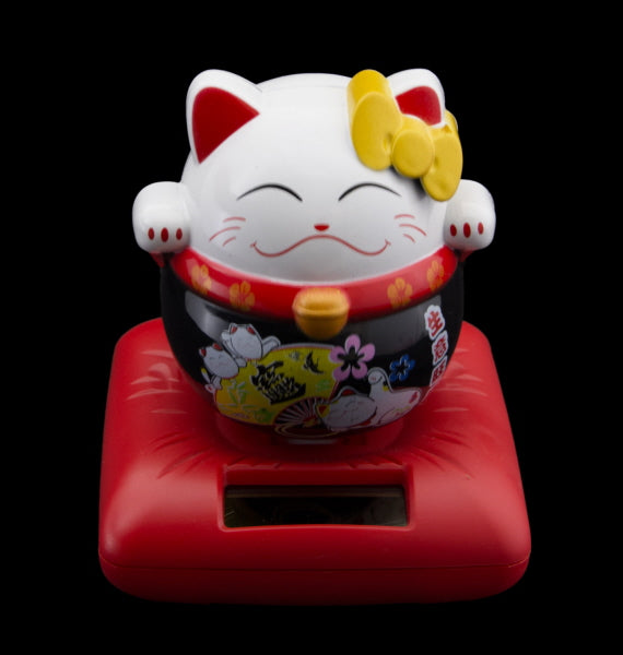 Chat Japonais Maneki Neko Blanc et Noir – Figurine Solaire Animée