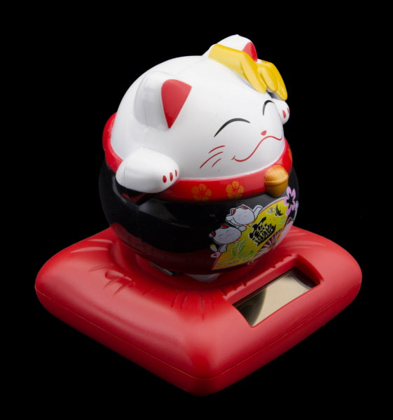 Chat Japonais Maneki Neko Blanc et Noir – Figurine Solaire Animée