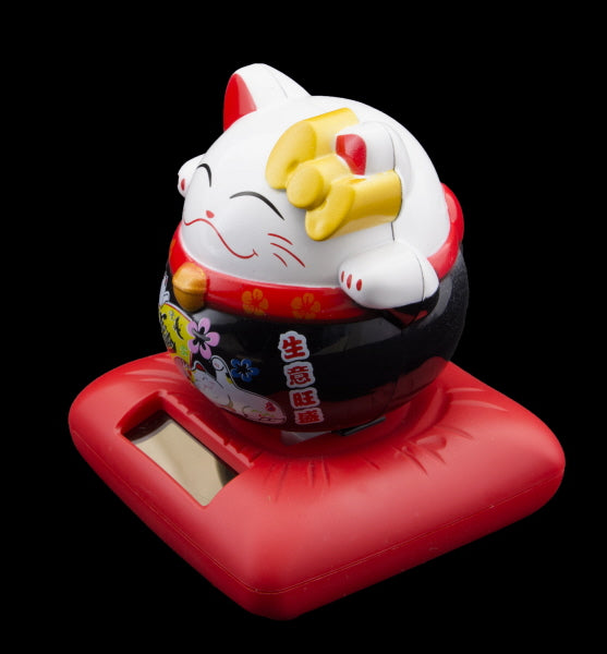 Chat Japonais Maneki Neko Blanc et Noir – Figurine Solaire Animée
