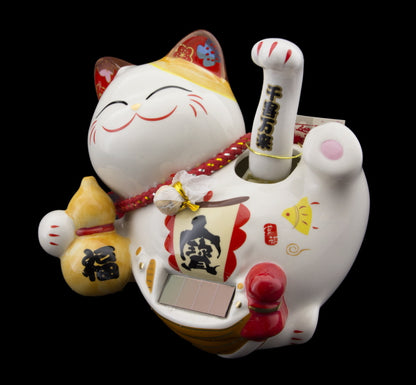 Famille Maneki Neko Blanc  – Figurine Solaire Animée en Porcelaine