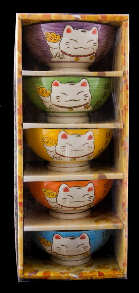 Coffret de 5 Bols Japonais Maneki Neko en Céramique – 275 ml
