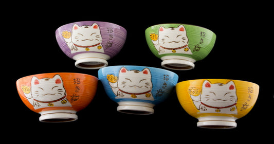 Coffret de 5 Bols Japonais Maneki Neko en Céramique – 275 ml