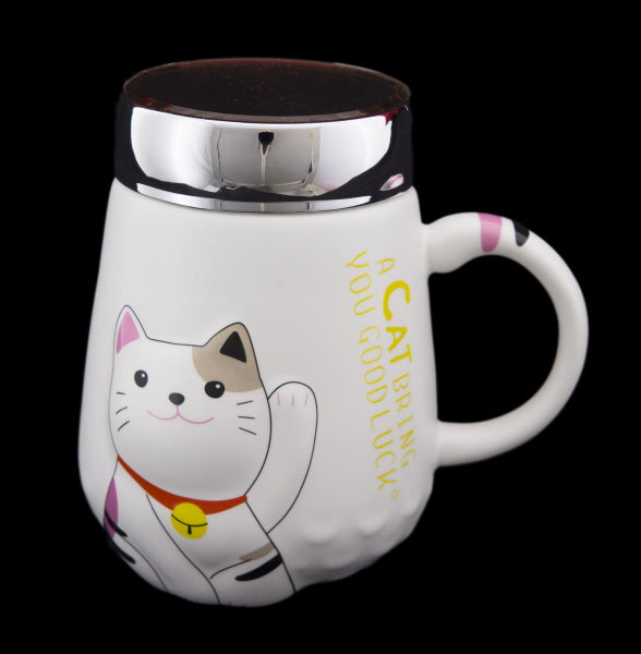 Mug Chat Japonais Maneki Neko en Relief avec Couvercle – 500 ml