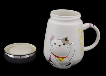 Mug Chat Japonais Maneki Neko en Relief avec Couvercle – 500 ml