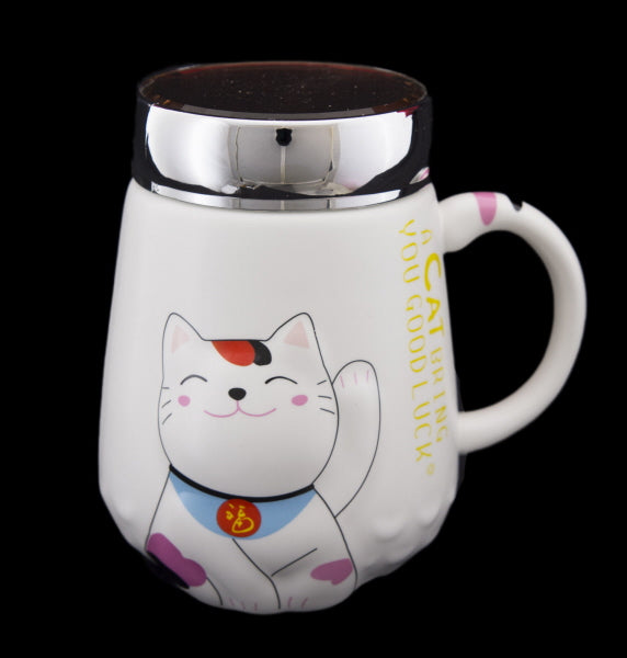 Mug Chat Japonais Maneki Neko en Céramique avec Couvercle – 500 ml
