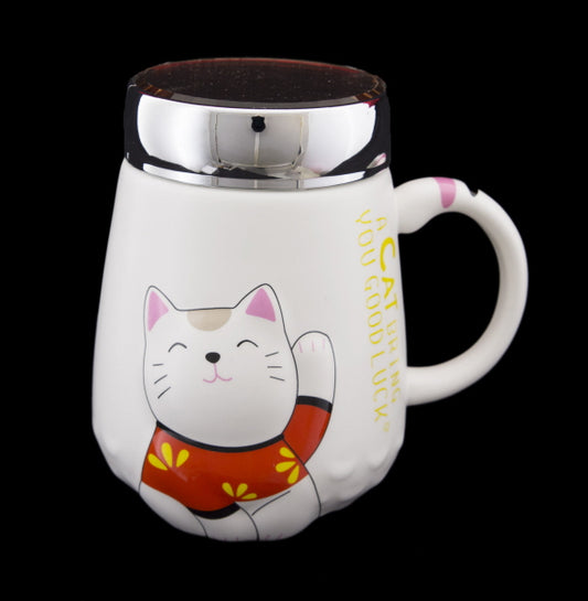Mug Chat Japonais Maneki Neko en Relief avec Couvercle – 500 ml