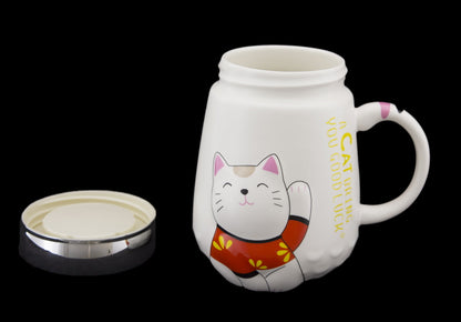 Mug Chat Japonais Maneki Neko en Relief avec Couvercle – 500 ml