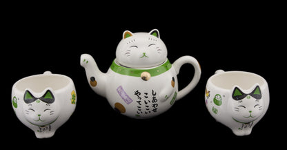 Coffret Service à Thé Maneki Neko Vert pour 2 Personnes – Théière et Tasses en Céramique