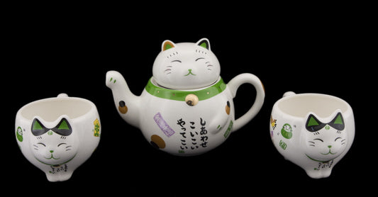Coffret Service à Thé Maneki Neko Vert pour 2 Personnes – Théière et Tasses en Céramique
