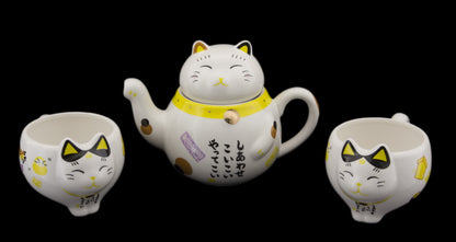 Coffret Service à Thé Maneki Neko Jaune pour 2 Personnes – Théière et Tasses en Céramique