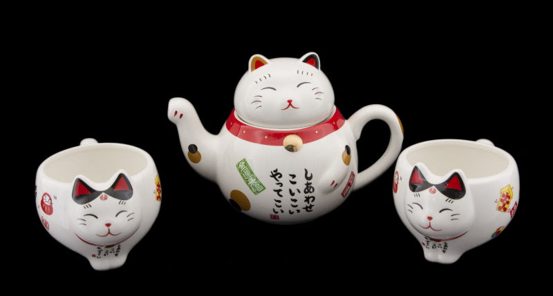 Coffret Service à Thé Maneki Neko Rouge pour 2 Personnes – Théière et Tasses en Céramique