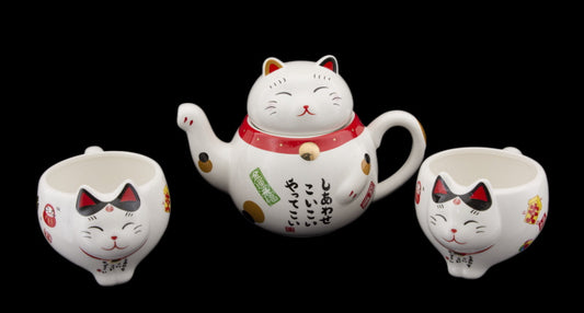 Coffret Service à Thé Maneki Neko Rouge pour 2 Personnes – Théière et Tasses en Céramique