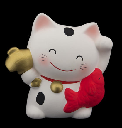 Tirelire Chat Japonais Maneki-Neko Blanc avec Poisson Rouge