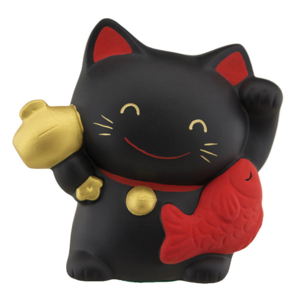 Tirelire Chat Japonais Maneki-Neko Noir avec Koban et Carpe