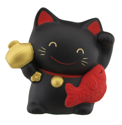Tirelire Chat Japonais Maneki-Neko Noir avec Koban et Carpe