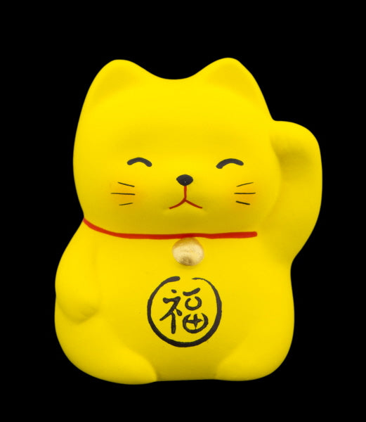 Figurine Maneki-Neko Jaune Fuku en Céramique – Chat Japonais du Bonheur 5 cm