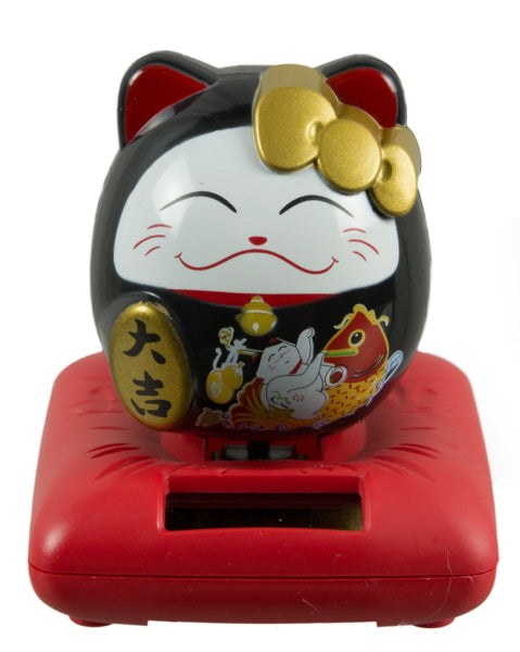 Chat Japonais Maneki Neko Noir à Énergie Solaire