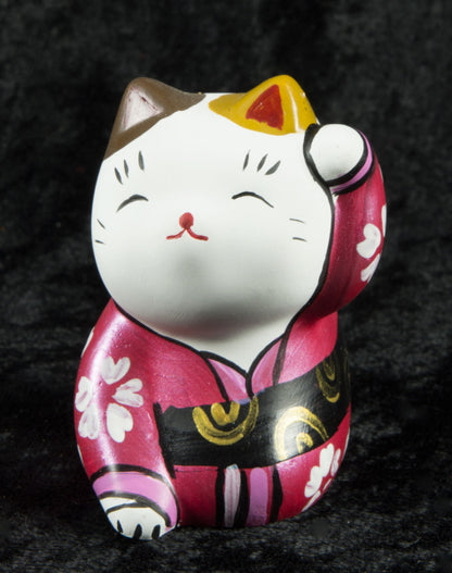 Figurine Chat Japonais Bobtail Maneki-Neko Rose et Blanc en Polyrésine – Décoration Kawaii 6,5 cm