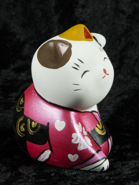 Figurine Chat Japonais Bobtail Maneki-Neko Rose et Blanc en Polyrésine – Décoration Kawaii 6,5 cm