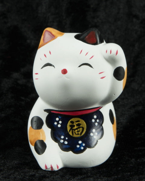 Figurine Chat Japonais Bobtail Maneki-Neko Bleu et Blanc en Polyrésine – Décoration Kawaii 6,5 cm