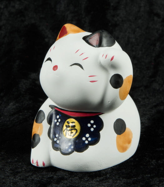 Figurine Chat Japonais Bobtail Maneki-Neko Bleu et Blanc en Polyrésine – Décoration Kawaii 6,5 cm