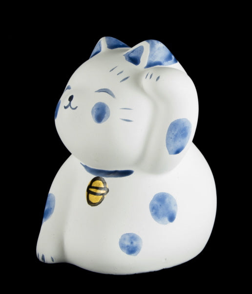 Figurine Chat Japonais Bobtail Maneki-Neko Blanc et Bleu en Polyrésine – Décoration Kawaii 6,5 cm