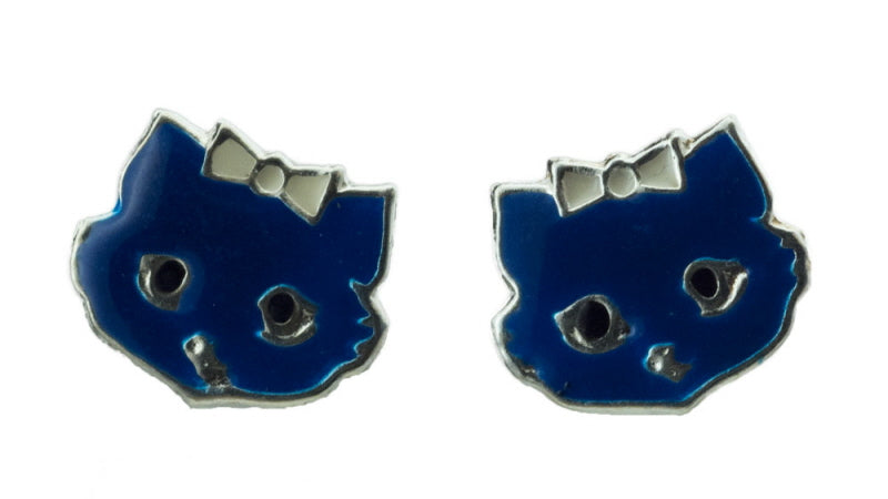 Boucles d'Oreilles Chat Japonais Maneki-Neko Bleu en Argent 925