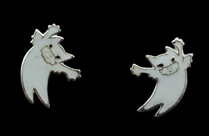 Boucles d'Oreilles Clou Chat Japonais Maneki-Neko Blanc en Argent 925