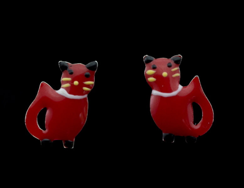 Boucles d'Oreilles Chat Japonais Maneki-Neko Rouge en Argent 925
