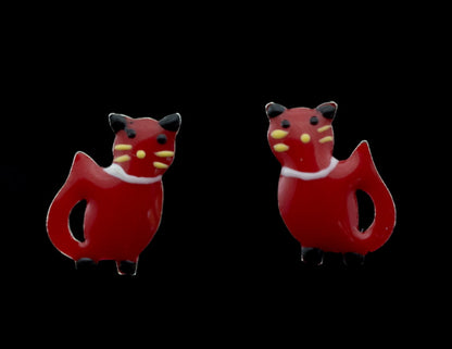 Boucles d'Oreilles Chat Japonais Maneki-Neko Rouge en Argent 925