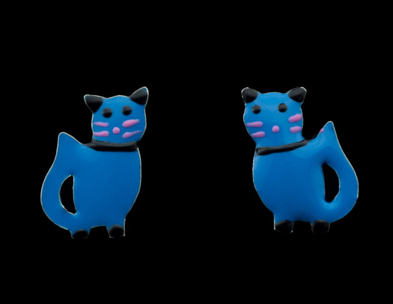 Boucles d'Oreilles Chat Japonais Maneki-Neko Bleu en Argent 925