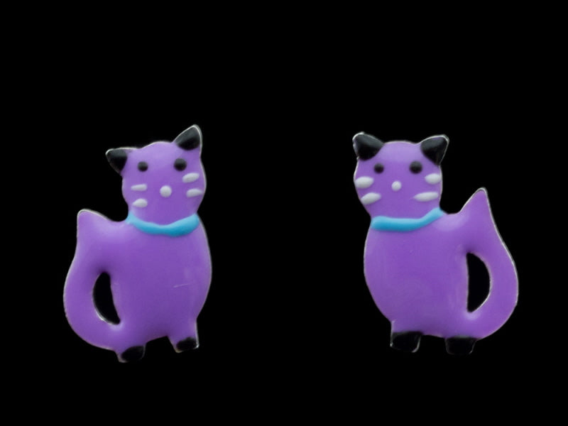 Boucles d'Oreilles Chat Japonais Maneki-Neko Violet en Argent 925