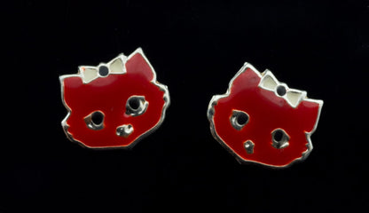 Boucles d'Oreilles Chat Japonais Maneki-Neko Rouge en Argent 925