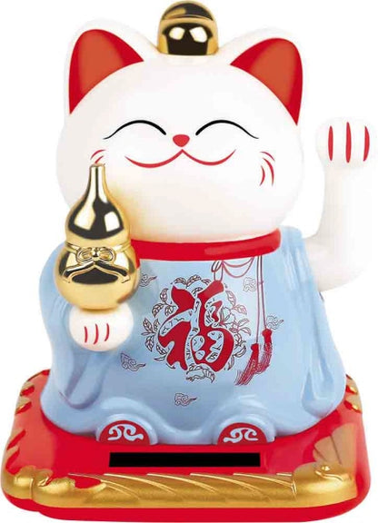 Chat Japonais Maneki Neko Blanc Robe Bleue – Figurine Solaire Animée