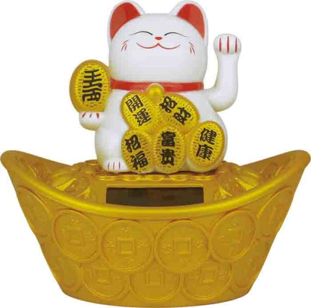 Chat Japonais Maneki Neko Blanc sur Lingot – Figurine Solaire Animée