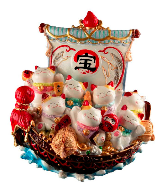 Statue Chat Chanceux Maneki-neko en Bateau – Décoration Japonaise 17,5 cm