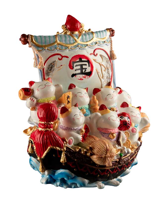Statue Chat Chanceux Maneki-neko en Bateau – Décoration Japonaise 17,5 cm