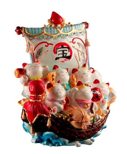 Statue Chat Chanceux Maneki-neko en Bateau – Décoration Japonaise 17,5 cm