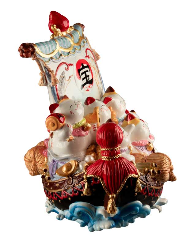 Statue Chat Chanceux Maneki-neko en Bateau – Décoration Japonaise 17,5 cm
