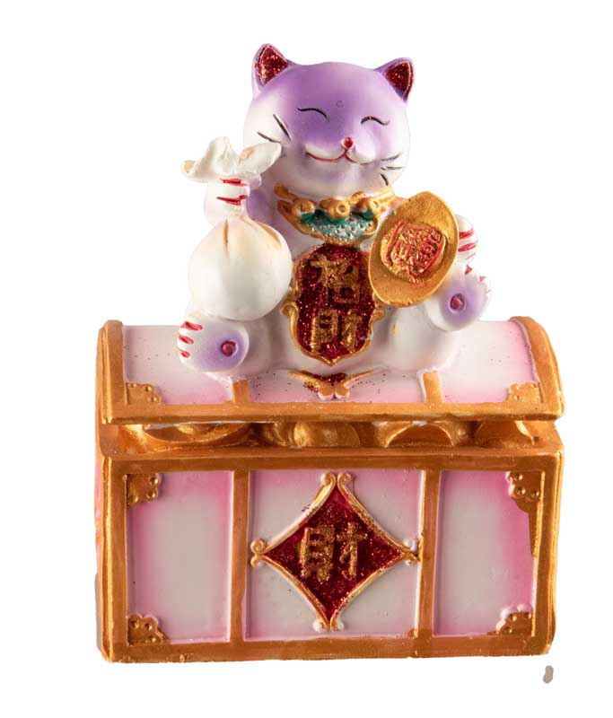 Tirelire Chat Japonais Maneki-Neko Rose et Violet en Résine