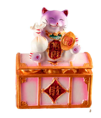 Tirelire Chat Japonais Maneki-Neko Rose et Violet en Résine